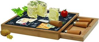 Käsetablett Glas/Bambus + 4 Messer + Schupladen - schwarz